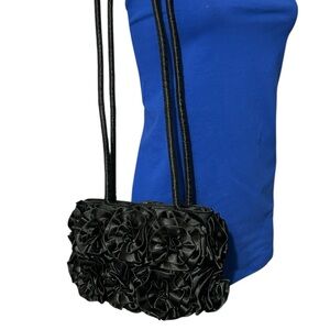 Vintage Silk Black Rosette Purse with Silk Shoulder Straps Handmade in Vietnam